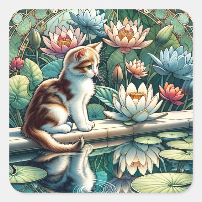 Adesivo Quadrado Serene Kitten Waterlily Art Nouveau (Frente)
