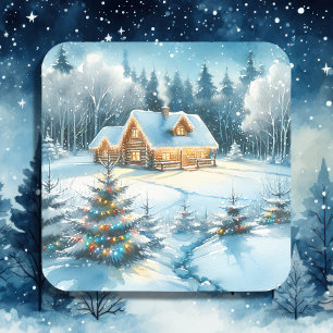 Adesivo Quadrado Serene Log Cabin em uma Floresta de inverno