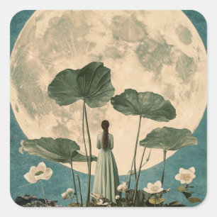 Adesivo Quadrado Serenidade lunar - Cena de Lotus Vintage