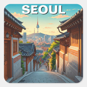 Adesivo Quadrado Seul Bukchon Coreia do Sul Pôr do sol