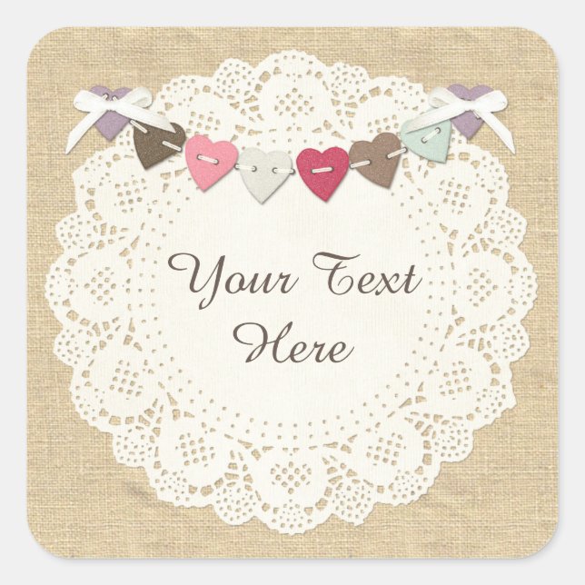 Adesivo Quadrado Sewing Stitches em Rustic Country Burlap & Hearts (Frente)