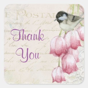 Adesivo Quadrado Shabby Vintage Bird e Flores Obrigado