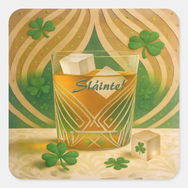 Adesivo Quadrado Shamrocks Irish Whiskey Tumbler "Sláinte!" (Frente)