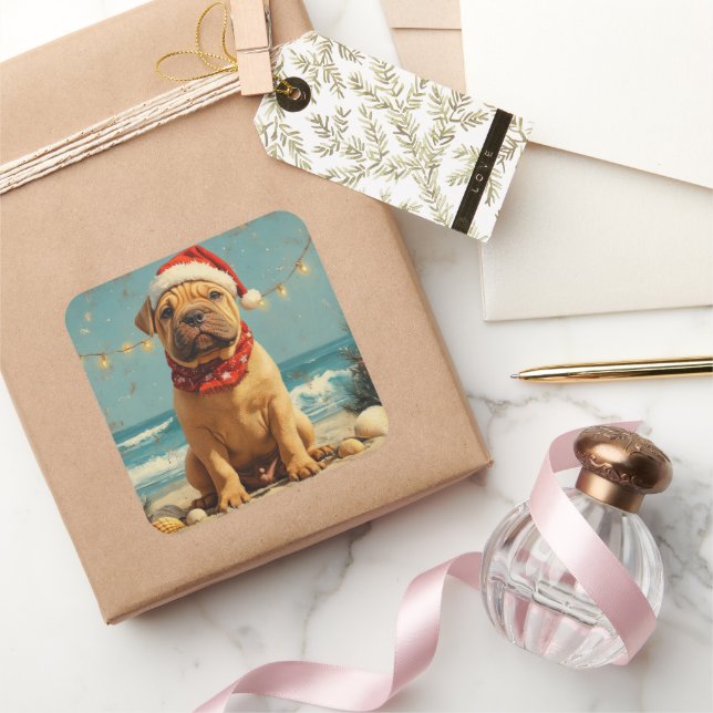 Adesivo Quadrado Shar Pei Dog Christmas Vintage Beach (Presentear)