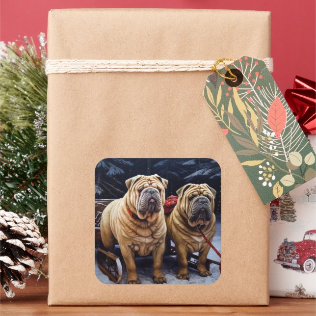 Adesivo Quadrado Shar Pei Snowy Sleigh Decência de Natal (Feriado)