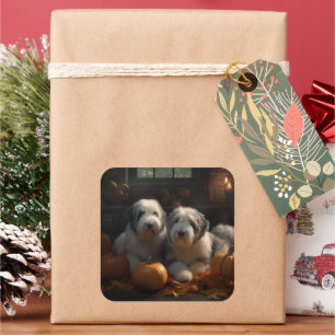 Adesivo Quadrado Sheepdog Inglês Puppy Autumn Delight Pumpkin