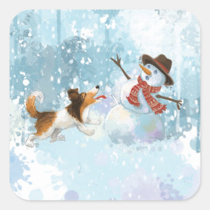 Adesivo Quadrado Sheldon o Sheltie e o Boneco de Neve
