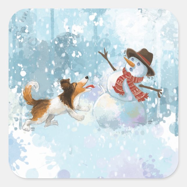 Adesivo Quadrado Sheldon o Sheltie e o Boneco de Neve (Frente)