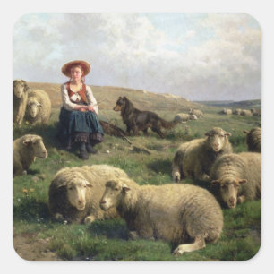 Adesivo Quadrado Shepherdess com carneiros em uma paisagem