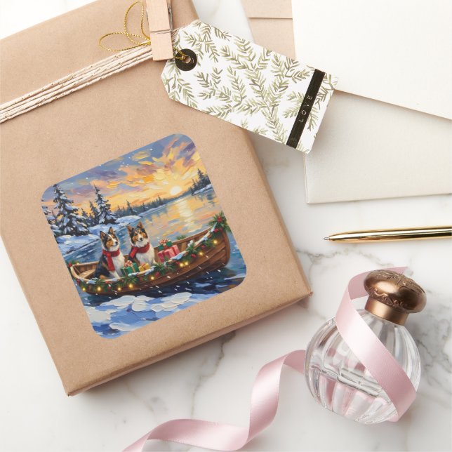 Adesivo Quadrado Shetland Sheepdog Christmas Boat Holiday (Presentear)