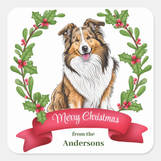 Adesivo Quadrado Shetland Sheepdog Holly Banner Christmas (Frente)