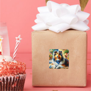 Adesivo Quadrado Shetland Sheepdog na cena do Jardim de Algodão