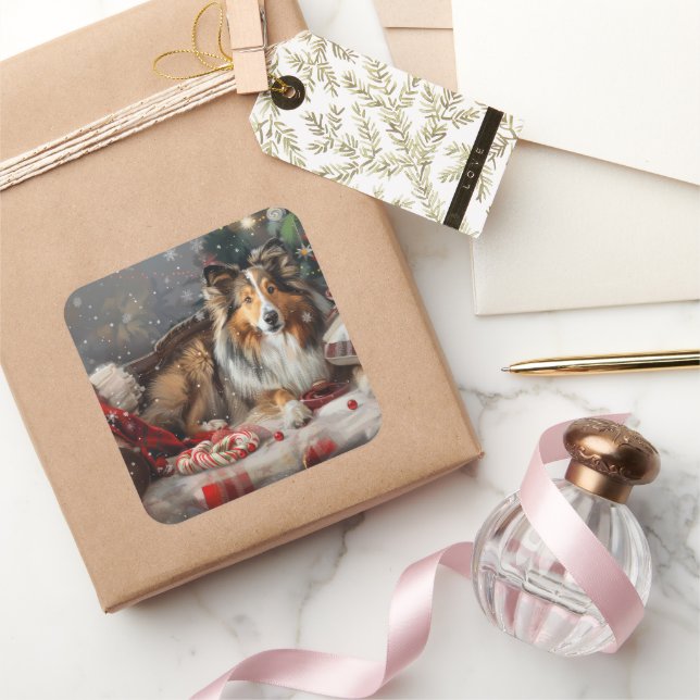 Adesivo Quadrado Shetland Sheepdog Natal Festivo (Presentear)