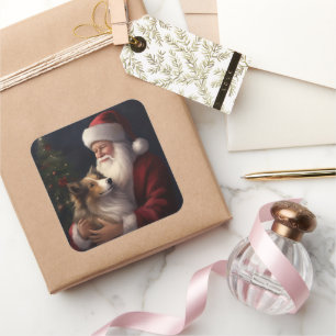 Adesivo Quadrado Shetland Sheepdog Papai Noel Natal Festivo