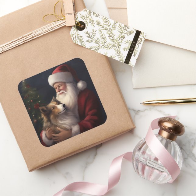 Adesivo Quadrado Shetland Sheepdog Papai Noel Natal Festivo (Presentear)