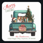 Adesivo Quadrado Shetland Sheepdog Retro Truck Christmas<br><div class="desc">Neste autocolante, um lindo Shetland Sheepdog olha pelo rabo de um caminhão de reboque. Também no caminhão está uma árvore de Natal decorada, pacotes de presentes envoltos com brilho, e um chapéu de Papai Noel vermelho e branco. O texto vermelho e lacrimogêneo diz "MERRY CHRISTMAS", com seu nome e endereço...</div>