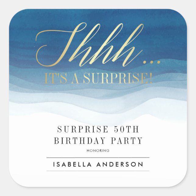 Adesivo Quadrado Shhh.. | Aniversário Da Surpresa Dourada E Da Aqua (Frente)