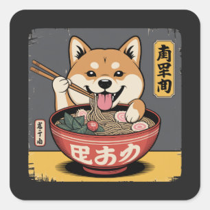 Adesivo Quadrado Shiba Inu Cachorro Comendo Ramen