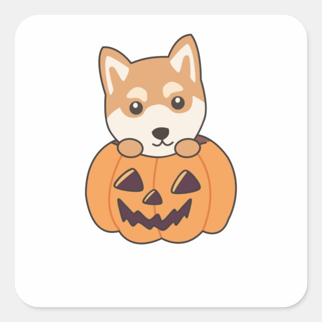 Adesivo Quadrado Shiba Inu Em Pumpkin Cães Doce Feliz Dia das Bruxa (Frente)