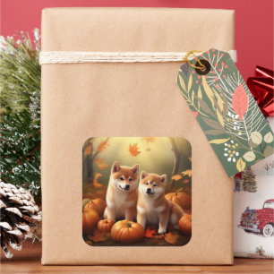 Adesivo Quadrado Shiba Inu Puppy Autumn Delight Pumpkin