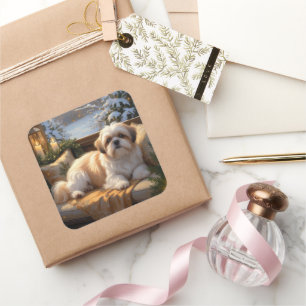 Adesivo Quadrado Shih Tzu com Férias das Luzes de Natal