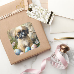 Adesivo Quadrado Shih Tzu Dog com Feriado de Ovos de Páscoa