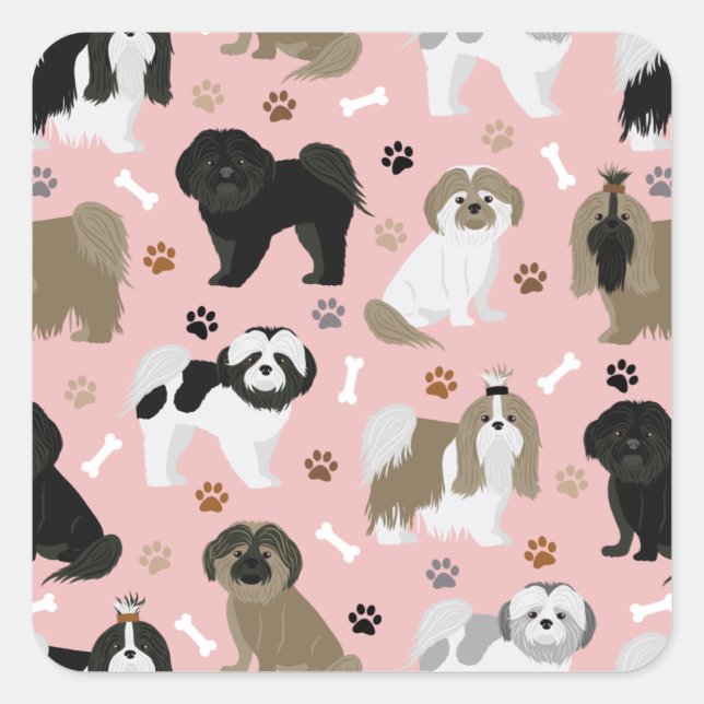 Adesivo Quadrado Shih Tzu Dogs Paws e Bones Square Sticker (Frente)