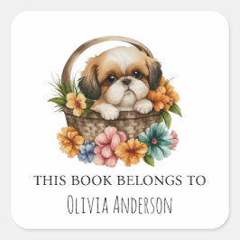 Adesivo Quadrado Shih Tzu Puppy em Flower Basket Este livro pertenc