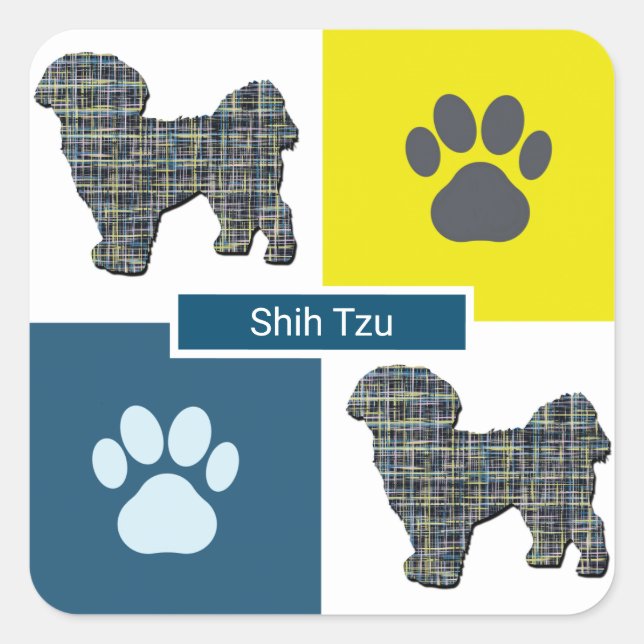 Adesivo Quadrado Shih Tzu Silhouette & Paw Imprime Grade Y&B (Frente)