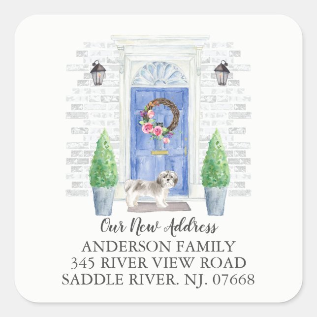 Adesivo Quadrado Shihzu Blue Door New Address Label Sticker (Frente)