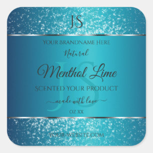 Adesivo Quadrado Shimmery Teal com Rótulos de Produto de Iniciais d