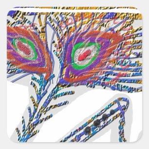 Adesivo Quadrado Shri KRISHNA: FlUTE, Pavão, Penas, Makhan