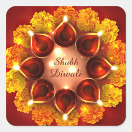 Adesivo Quadrado Shubh Diwali Merigold Dourado Diya Festival de Luz