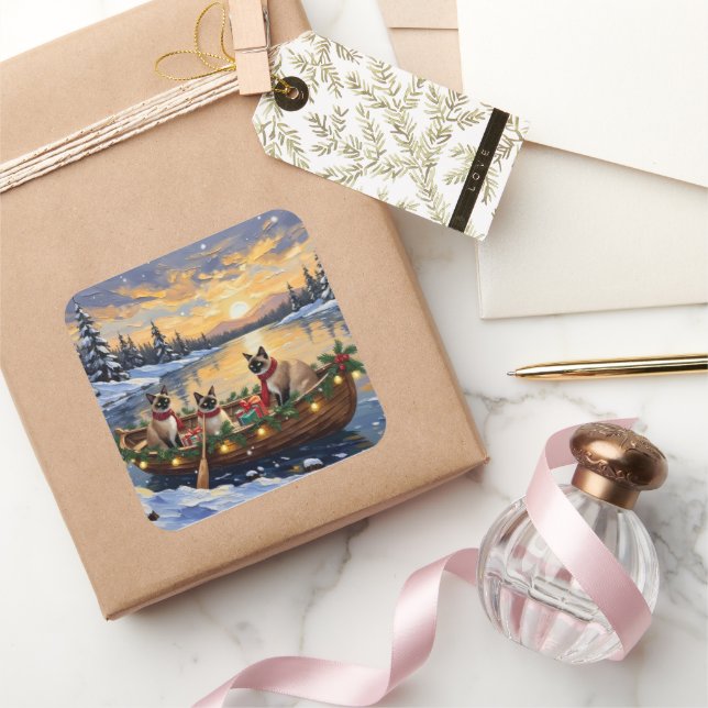 Adesivo Quadrado Siamese Cat Christmas Boat Holiday (Presentear)