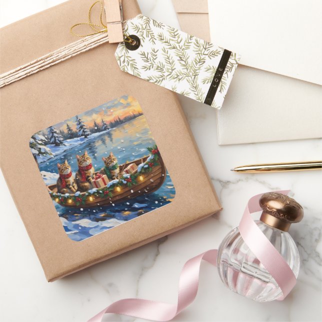 Adesivo Quadrado Siberian Cat Christmas Boat Holiday (Presentear)