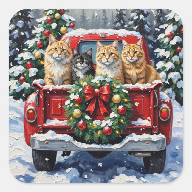 Adesivo Quadrado Siberian Cat Christmas Red Truck Holiday (Frente)