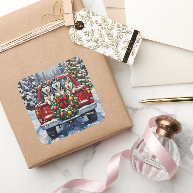 Adesivo Quadrado Siberian Husky Christmas Red Truck Holiday (Presentear)