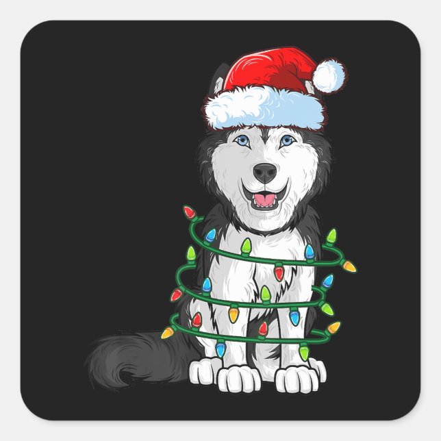 Adesivo Quadrado Siberian Husky Christmas Santa Hat Xmas Lights Dog (Frente)