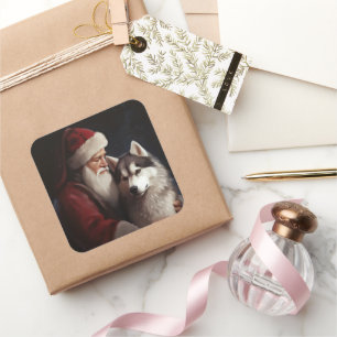 Adesivo Quadrado Siberian Husky com Papai Noel Natal Festivo