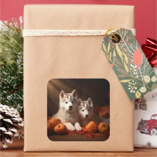 Adesivo Quadrado Siberian Husky Puppy Autumn Delight Pumpkin