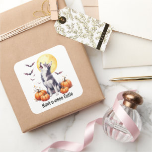 Adesivo Quadrado Siberian Husky Puppy Halloween Watercolor