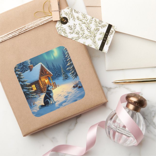 Adesivo Quadrado Siberian Husky Snowy Cabin Christmas Painting (Presentear)