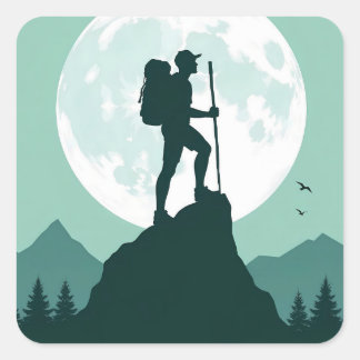 Adesivo Quadrado Silhouette Hiker on Peak with Moon and Mountains