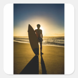 Adesivo Quadrado Silhueta de surfe durante o nascer do sol
