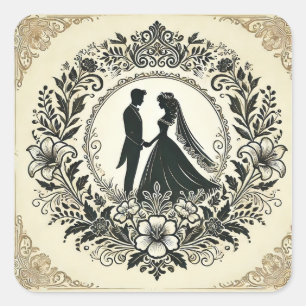 Adesivo Quadrado Silhueta Elegante de um Casal de Noivos