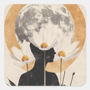 Adesivo Quadrado Silhueta Lua - Elegância Boho Vintage
