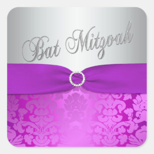 Adesivo Quadrado Silver e Damasco Roxo Bat Mitzvah Sticker