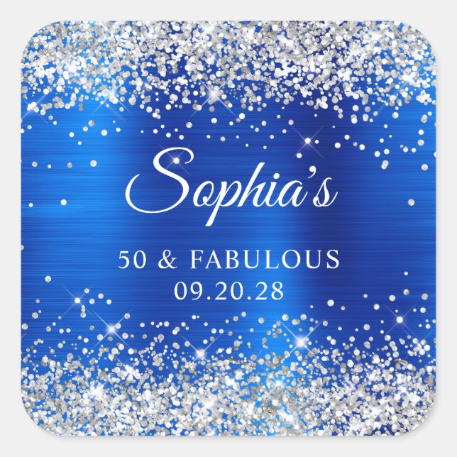 Adesivo Quadrado Silver Glitter Royal Blue Foil 50 & Fabulous (Frente)