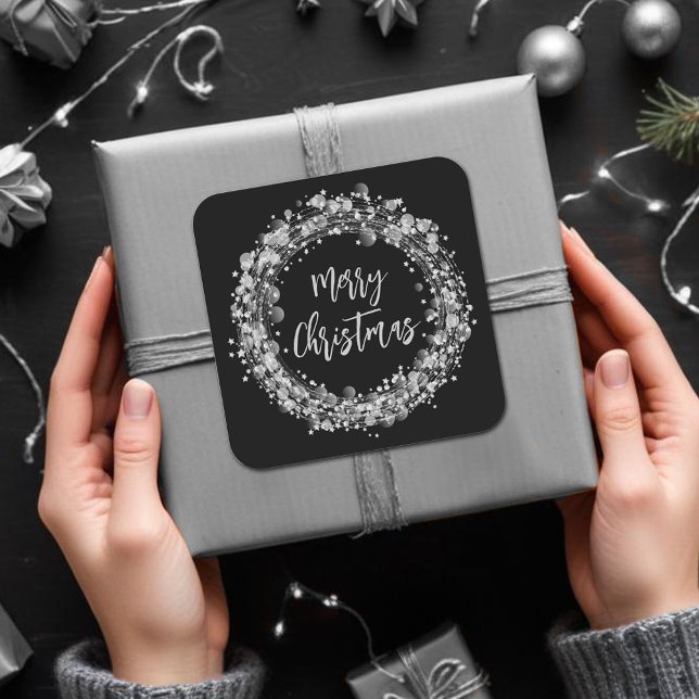 Adesivo Quadrado Silver Stars Feliz Natal (Silver Stars Merry Christmas Round 3" Stickers)