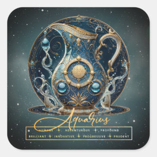 Adesivo Quadrado Símbolo Aquário Dourado da Água Negra Moderna